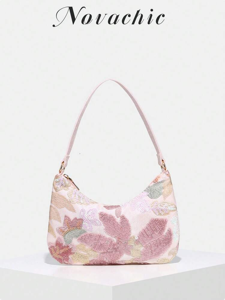 1pc Floral Sequin & Bead Decor Vacation Style Sparkling Sequins Wrist Accessory, Women's Zipper Shoulder Bag, Suitable For Holiday Use (Flower Position Random) | SHEIN