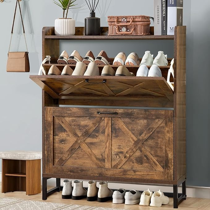 Shoe Cabinet with 2 Flip Drawers Farmhouse Freestanding Shoe Storage Cabinet for Entryway, Hidden... | Amazon (US)