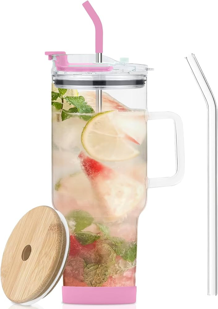 Glass Tumbler with Lid and Straws,40oz Glass Cup with Handle,Drinking Glasses with Silicone Coast... | Amazon (US)
