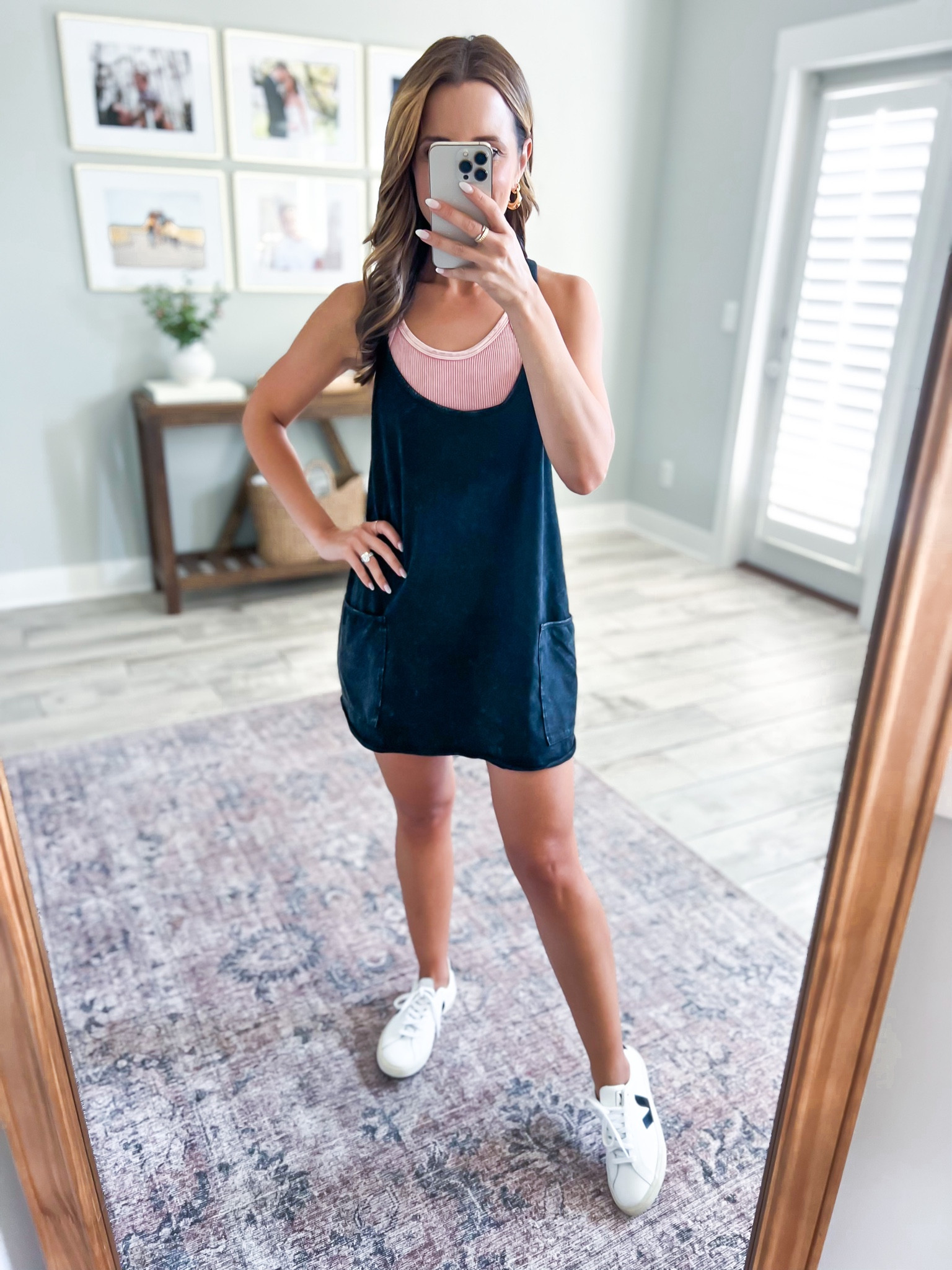 Free people hot shot mini dress (XS). Free people ribbed tank (XS). Veja Esplar sneakers (size down if in between sizes). Casual outfit. Mom outfit. Travel outfit. Dress has shorts underneath. 

#LTKtravel #LTKshoecrush #LTKunder100