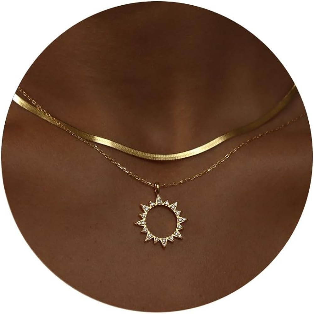 Moodear Gold/Silver Herringbone Necklace for Women,Delicate Zirconia Pendant Necklaces Silver Lay... | Amazon (US)