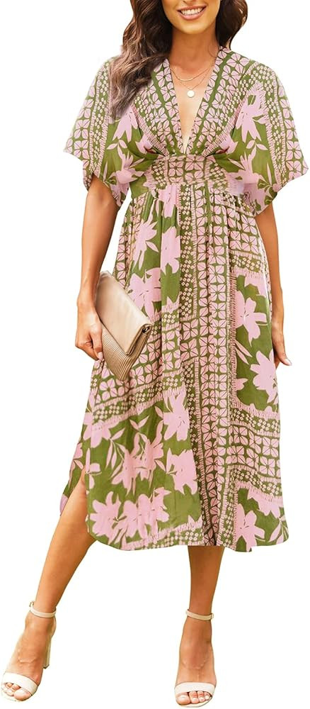 VamJump Womens Summer Deep V Neck Midi Dress Short Sleeve Flowy Chiffon Side Slit Long Dress | Amazon (US)