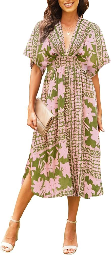 VamJump Womens Summer Deep V Neck Midi Dress Short Sleeve Flowy Chiffon Side Slit Long Dress | Amazon (US)