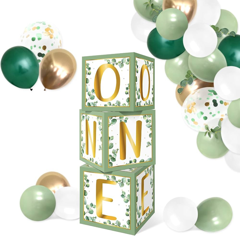 Levfla Sage Green One Balloons Boxes Neutral Decoration Baby 1st Birthday Backdrop Blocks First B... | Amazon (US)