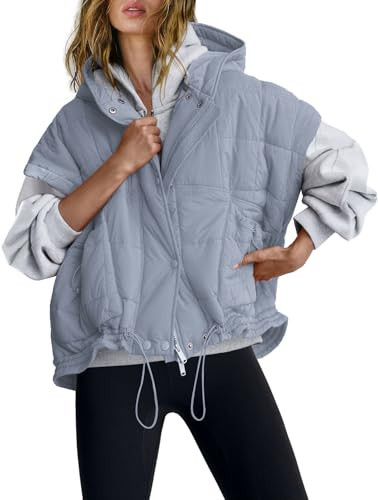 SENSERISE Womens Oversized Puffer Vest Sleeveless Quilted Jacket Zip Up Hooded Puffy Vest Ponchos Coats with Pockets(Grey Blue,M) | Amazon (US)