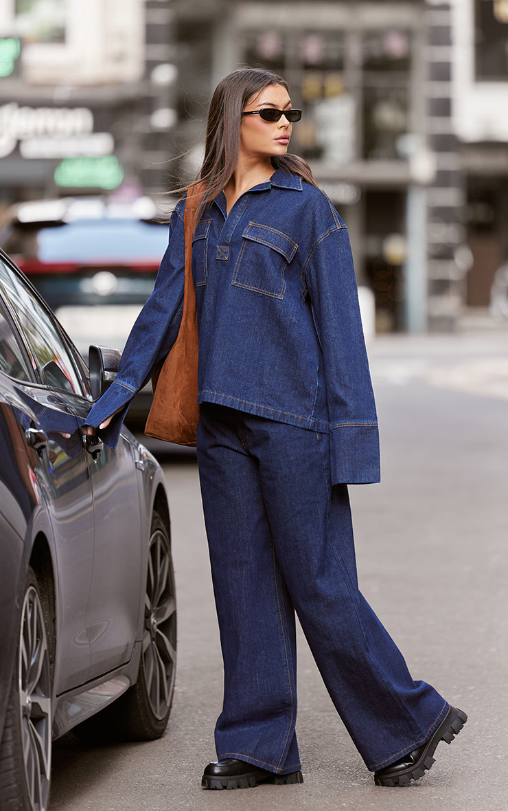 Indigo Contrast Stitch Long Sleeve Denim Rugby Shirt | PrettyLittleThing US