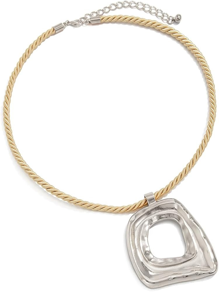 PLOUTOS Statement Modern Geometric Hollow Square Pendant Rope Chain Necklace for Women Bold Fashi... | Amazon (US)