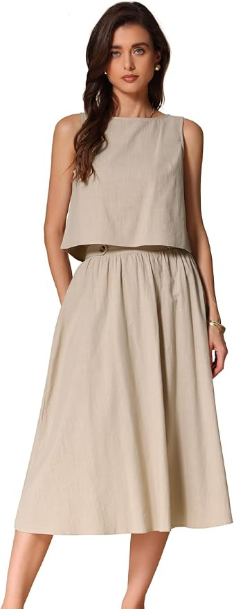 Allegra K Women Summer 2 Piece Outfits Round Neck Sleeveless Crop Top Dressy Casual Midi Skirt Su... | Amazon (US)