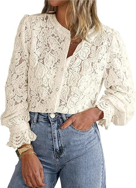 PRETTYGARDEN Women's Dressy Casual Lace Blouse Long Sleeve Button Up Shirts Tops Spring Fall Fash... | Amazon (US)