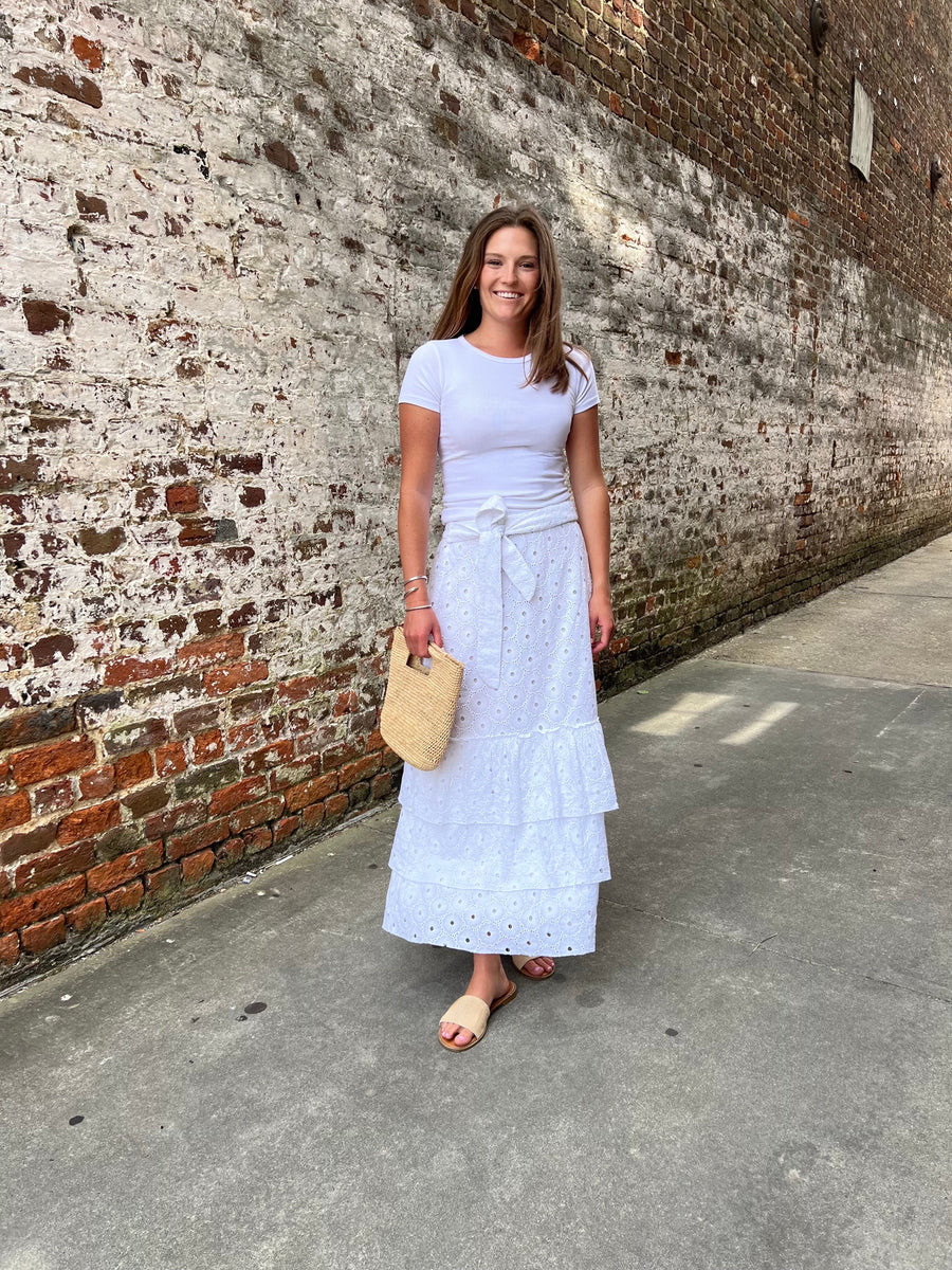Lola Midi Skirt White Eyelet | Madison Mathews