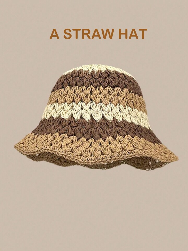 1pc Women Color Block Striped Straw Bucket Hat For Travel | SHEIN