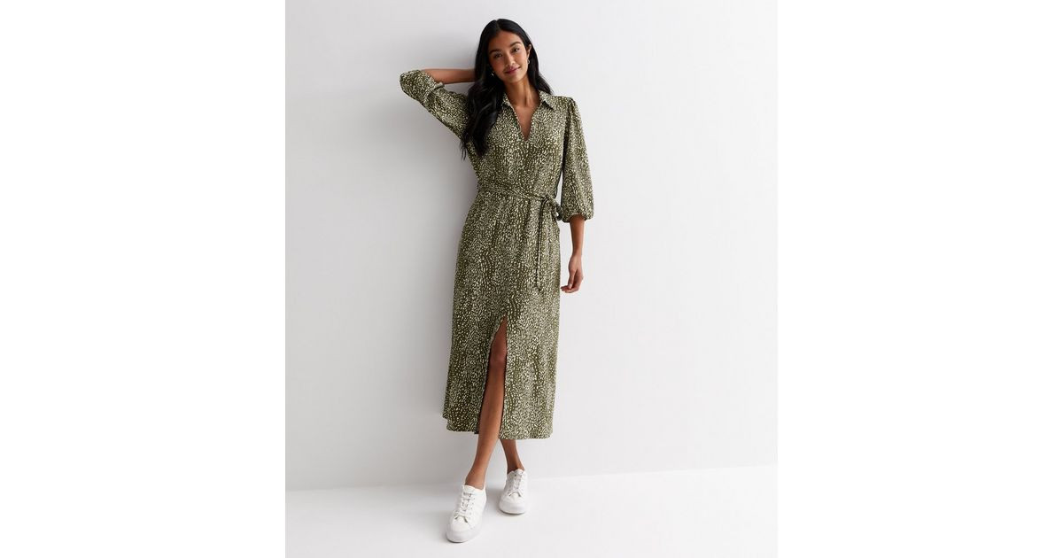 Khaki Mark Making Crinkle Midaxi Dress | New Look | New Look (UK)