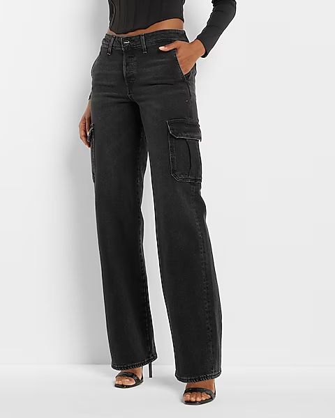 Low Rise Washed Black Baggy Straight Cargo Jeans | Express