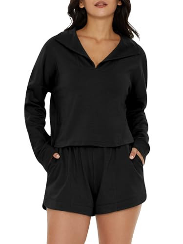 DEEP SELF Lounge Sets for Women 2023 Fall Outfits Casual Long Sleeve Top and Shorts 2 Piece Outfits with Pockets Black | Amazon (US)