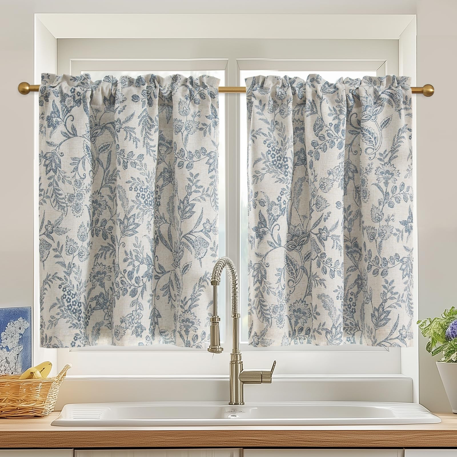 Lazzzy Floral Kitchen Curtains 24 Inch Length Blue Blackout Linen Farmhouse Cafe Small Rustic Cou... | Amazon (US)