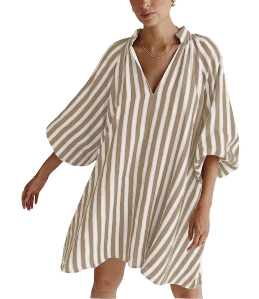 CHARTOU Women Summer Striped Beach Vacation Mini Dress 3/4 Sleeve Boho Chic Outfits Tunic Shift D... | Amazon (US)
