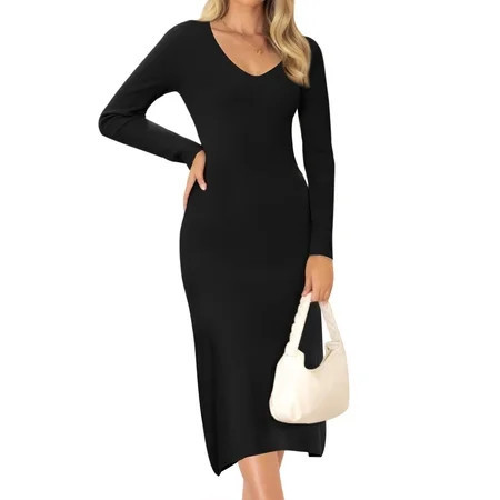 DARING DIVA Women s Sweater V Neck Long Sleeve Ribbed Knit Midi Dress M Black | Walmart (US)