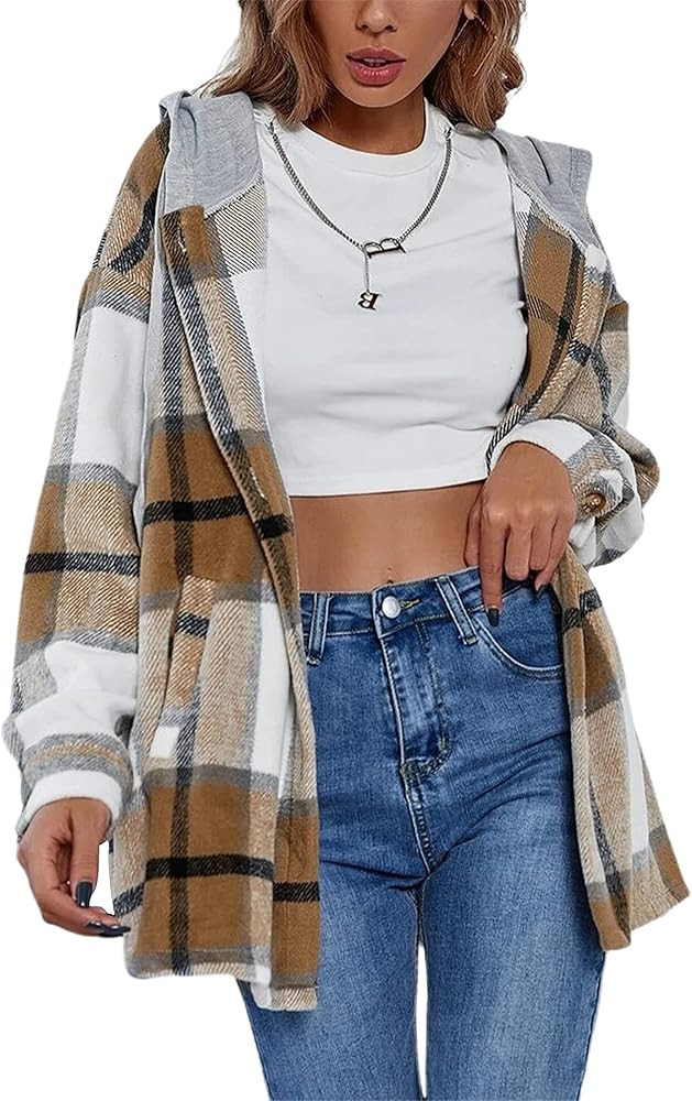 Tanming Womens Brushed Flannel Plaid Lapel Button Short Pocketed Shacket Shirts Coats | Amazon (US)
