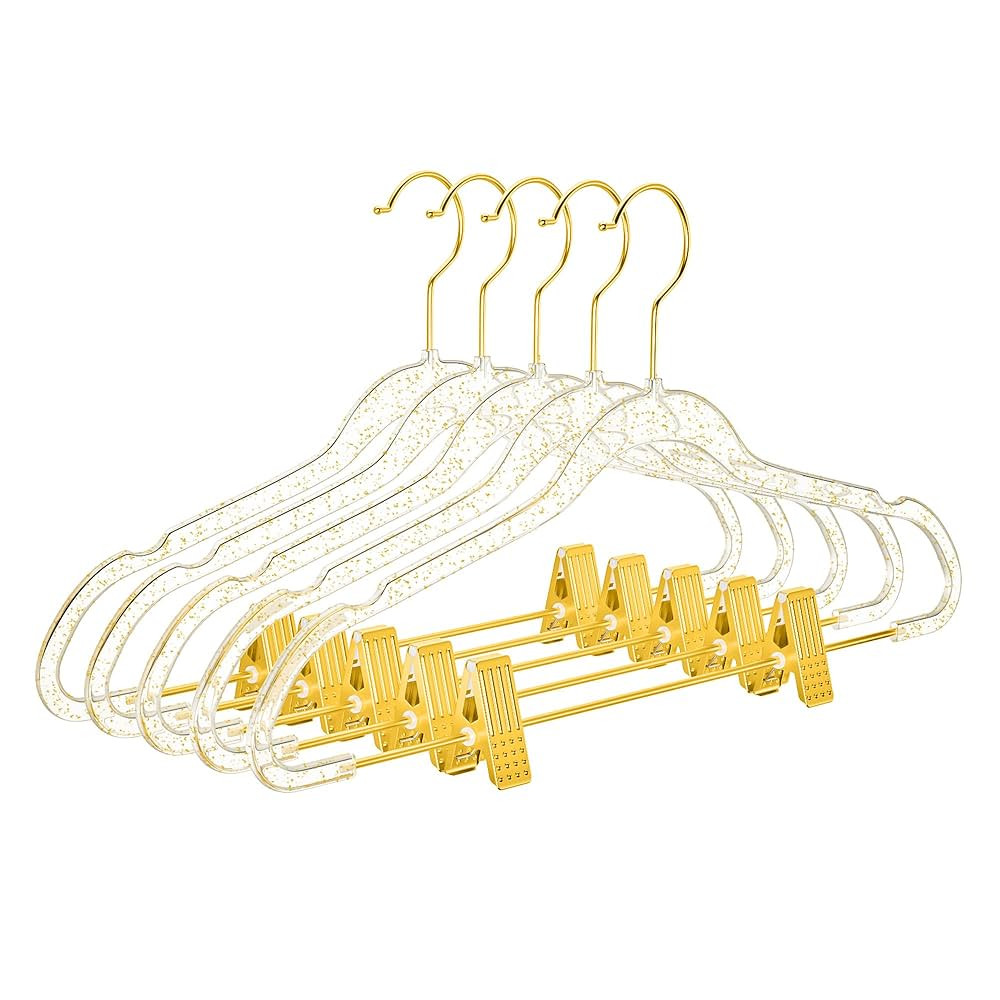 MIZGI Slim Gold Glitter Pants & Skirt Hangers (20 Pack) – Adjustable Gold Clips & Hooks, Transp... | Amazon (US)