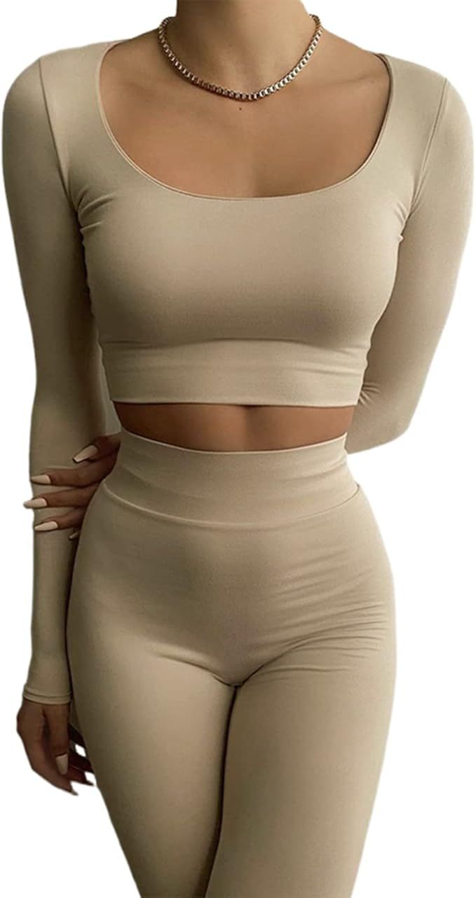 Women's Active Workout Sets 2 Pieces Yoga Outfit Seamless Long Sleeve Crop Top High Waist Legging... | Amazon (US)