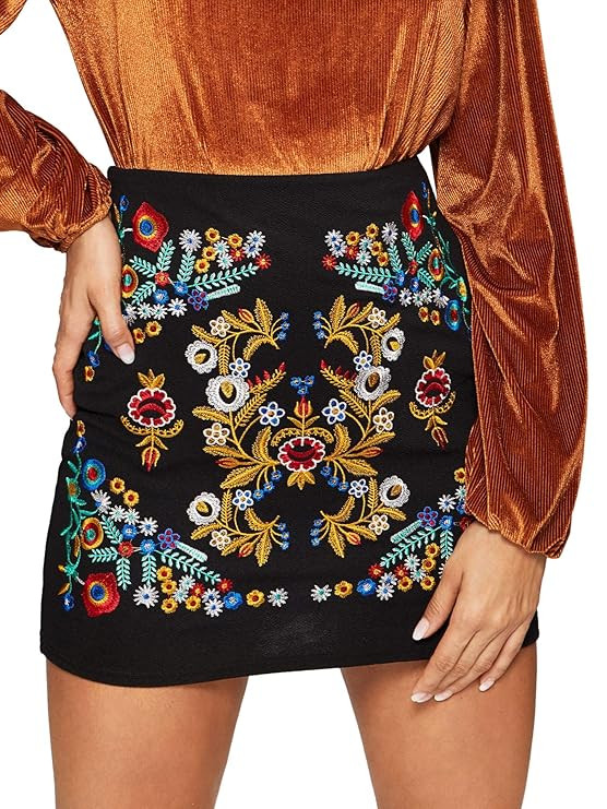 SheIn Women's Casual Floral Embroidered Bodycon Short Mini Skirt | Amazon (US)