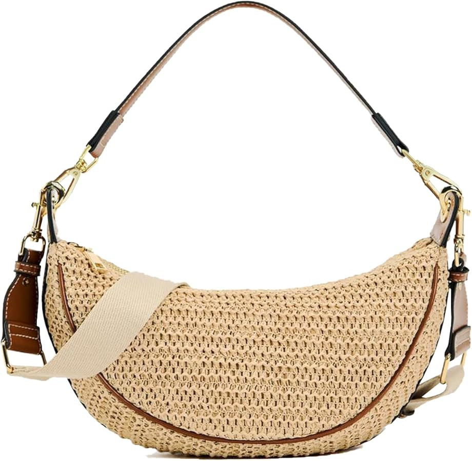 Straw Crossbody Bags for Women Crescent Woven Shoulder Handbag Summer Beach Hobo Purses with Adju... | Amazon (US)