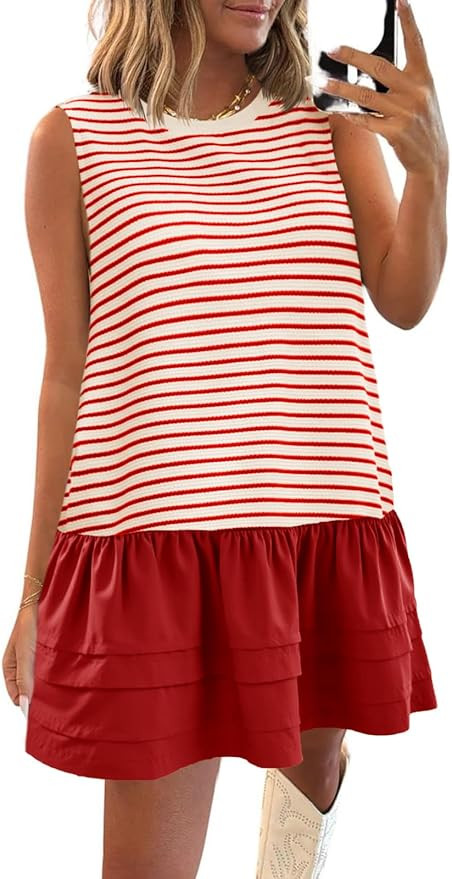 Wenrine Womens Striped Sweatshirt Dress Casual Sleeveless Crewneck Constrast Patchwork Loose Tank... | Amazon (US)