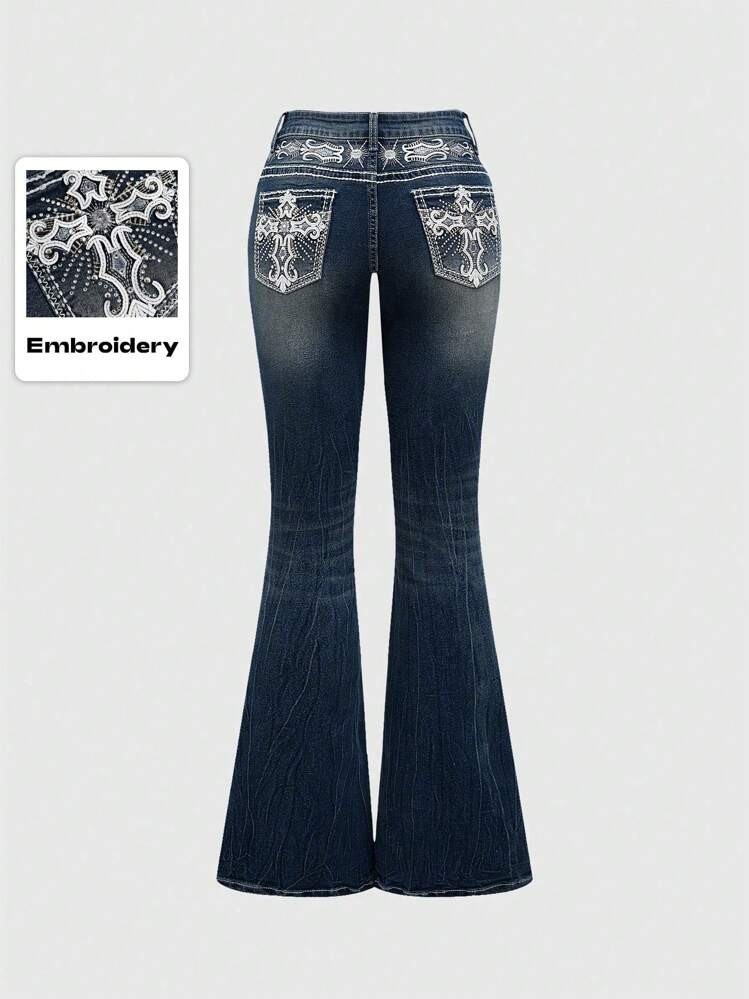 ROMWE Grunge Punk Y2K Retro Poket Cross Wings Embroidered Flare Leg Fitted Jeans For Women | SHEIN