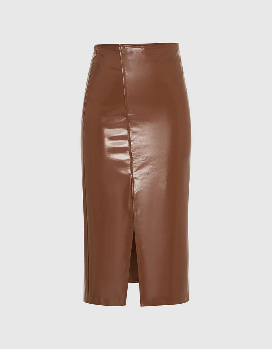 Split Hem Vegan Leather Straight Skirt | Urban Revivo