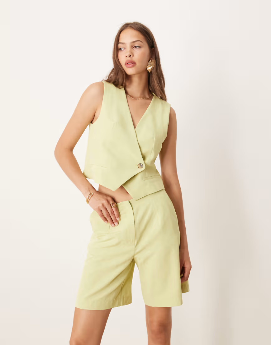 ASOS DESIGN linen blend asym wrap waistcoat co ord in green | ASOS (Global)