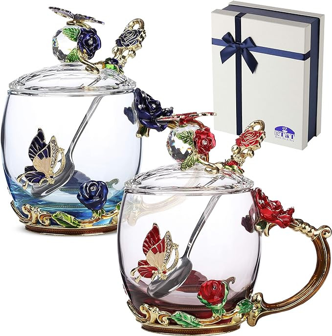BTaT- Tea Cups with Lids, Pack of 2, Glass Tea Cup, Fancy Tea Cups, Gifts for Women, Tea Mugs for... | Amazon (US)