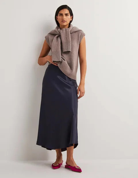 Navy Satin Bias-cut Midi Skirt | Boden (US)
