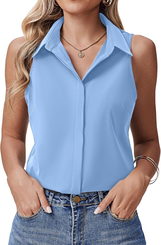 HOTOUCH Women's Sleeveless Button Down Shirts Hidden-Button Front Collared Dressy Casual Blouses ... | Amazon (US)