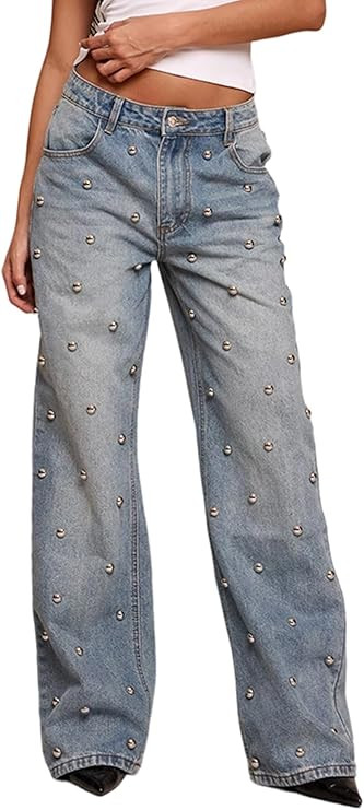 LETSVDO Womens Sparkly Studded Jeans High Waisted Straight Wide Leg Rivets Embellished Pants Bagg... | Amazon (US)