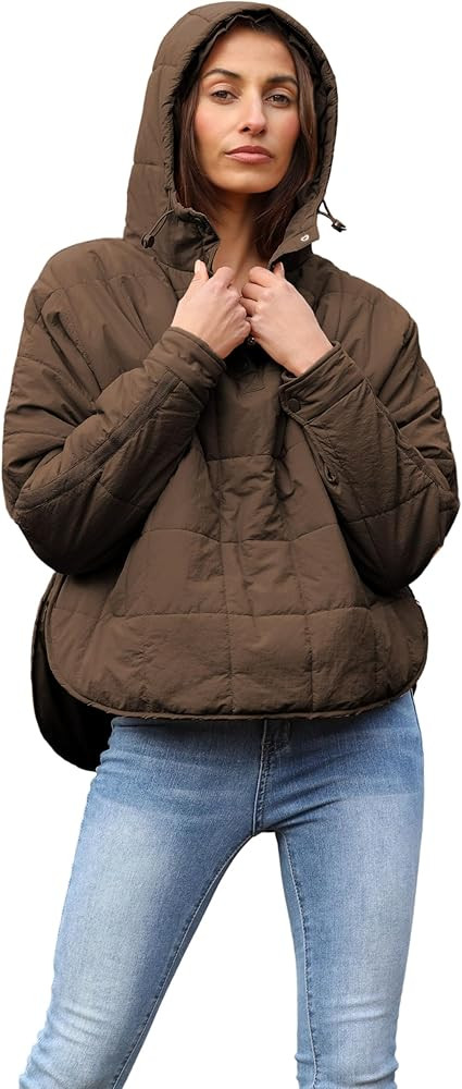 Women's Pullover Puffer Jacket Quilted Lightweight Dolman Sleeve Button Down Hooded Padded Coat w... | Amazon (US)