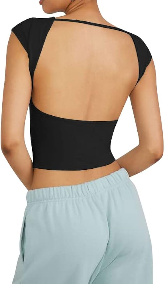 BAIGRAM Women Open Back Cut Out Crop Tee Top y2k Short Sleeve Round Neck Solid T Shirt Backless S... | Amazon (US)