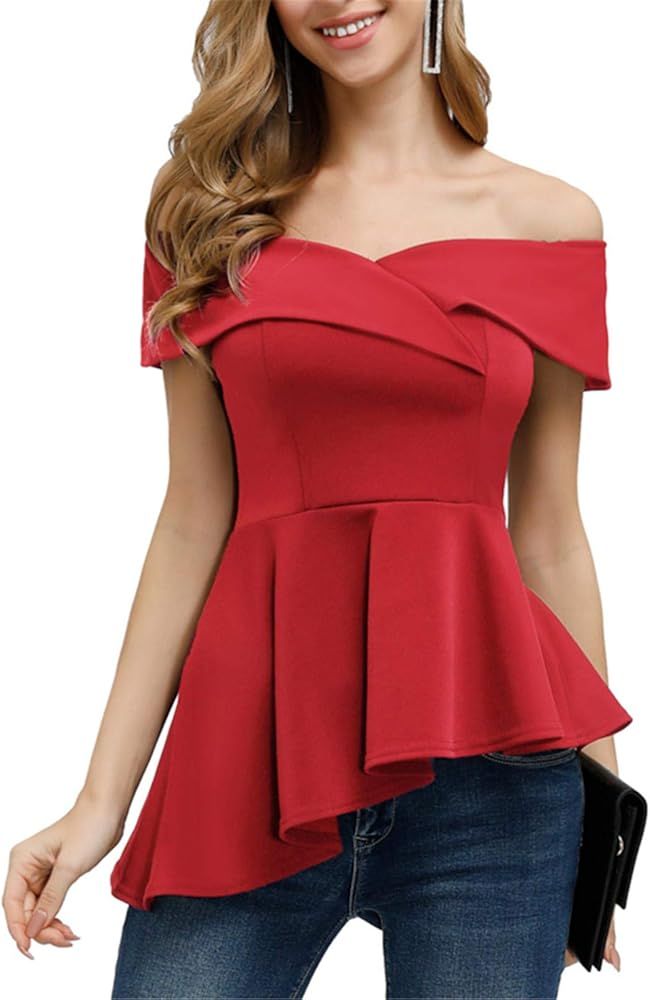 JASAMBAC Women's Off The Shoulder Tops Elegant Asymmetrical Ruffle Peplum Blouse Shirt | Amazon (US)