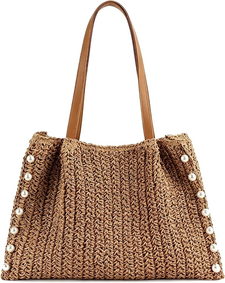 Straw Tote Bag for Women Pearls Woven Handbags Summer Travel beach bags Fashion Purse | Amazon (US)