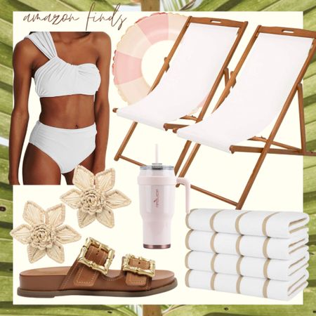 Amazon summer finds. 

Amazon white two piece swimsuit. Amazon white beach chairs. Amazon tan and white beach towels. Amazon raffia flower earrings. Brown and gold sandals. Amazon tumbler. Amazon pink circle float. 

#LTKunder100 #LTKstyletip #LTKswim