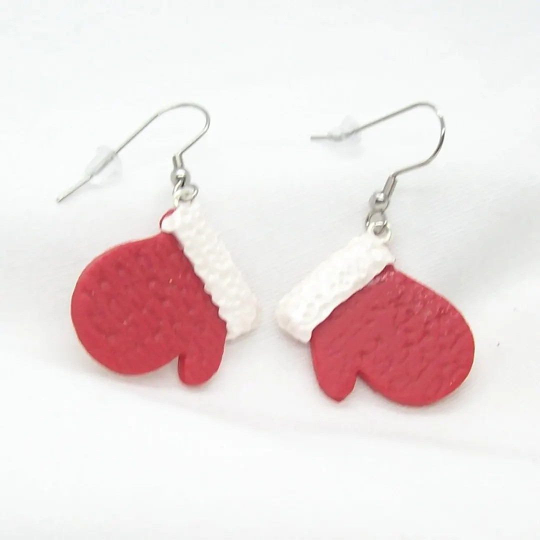 Christmas Mitten Earrings Handmade From Polymer Clay Holiday Red Stud Mittens With White Pearl Cu... | Etsy (US)