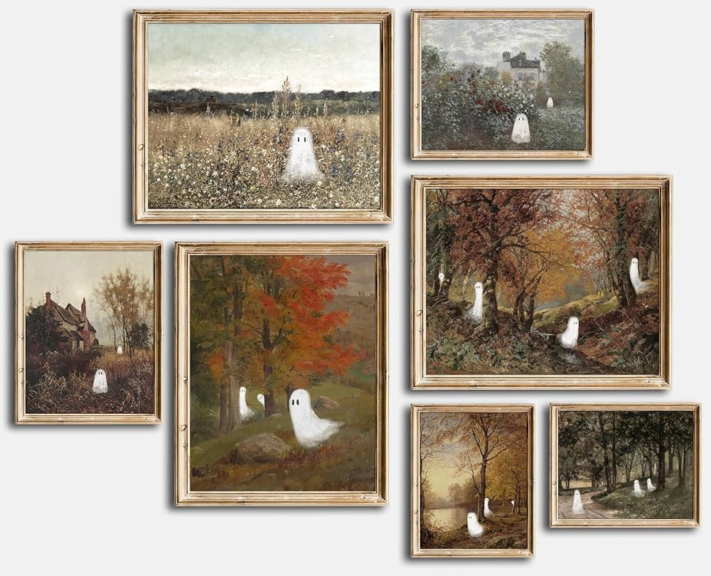 Kizbok Cute Ghosts Decor, Vintage Halloween Posters Ghost in Autumn Landscape Wall Decor Painting... | Amazon (US)