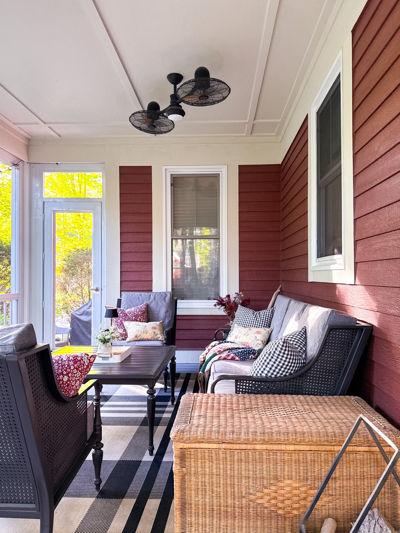 Outdoor decor for screened-in porch with outdoor pillows, quilted blanket, rechargeable USB table lamp, outdoor rug from Wayfair Canada. Summer outdoor decorating ideas #ad #WayfairCanada #WayfairCAHome #WayfairCAPartner @wayfaircanada 

#LTKsummer #LTKcasa #LTKcanada