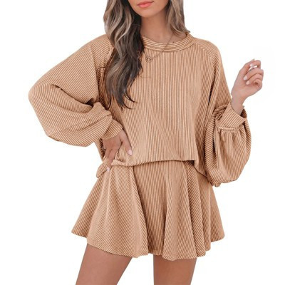 Imily Bela Women Striped Two Piece Outfit Crewneck Puff Long Sleeve Crop Top Flared Mini Skort Matching Lounge Set Coffee L | Target