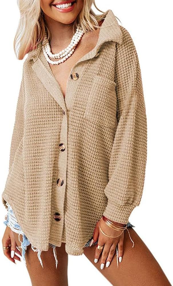 SHEWIN Womens Waffle Knit Shacket Jacket Casual Long Sleeve Tops Boyfriend Button Down Shirts Fal... | Amazon (CA)