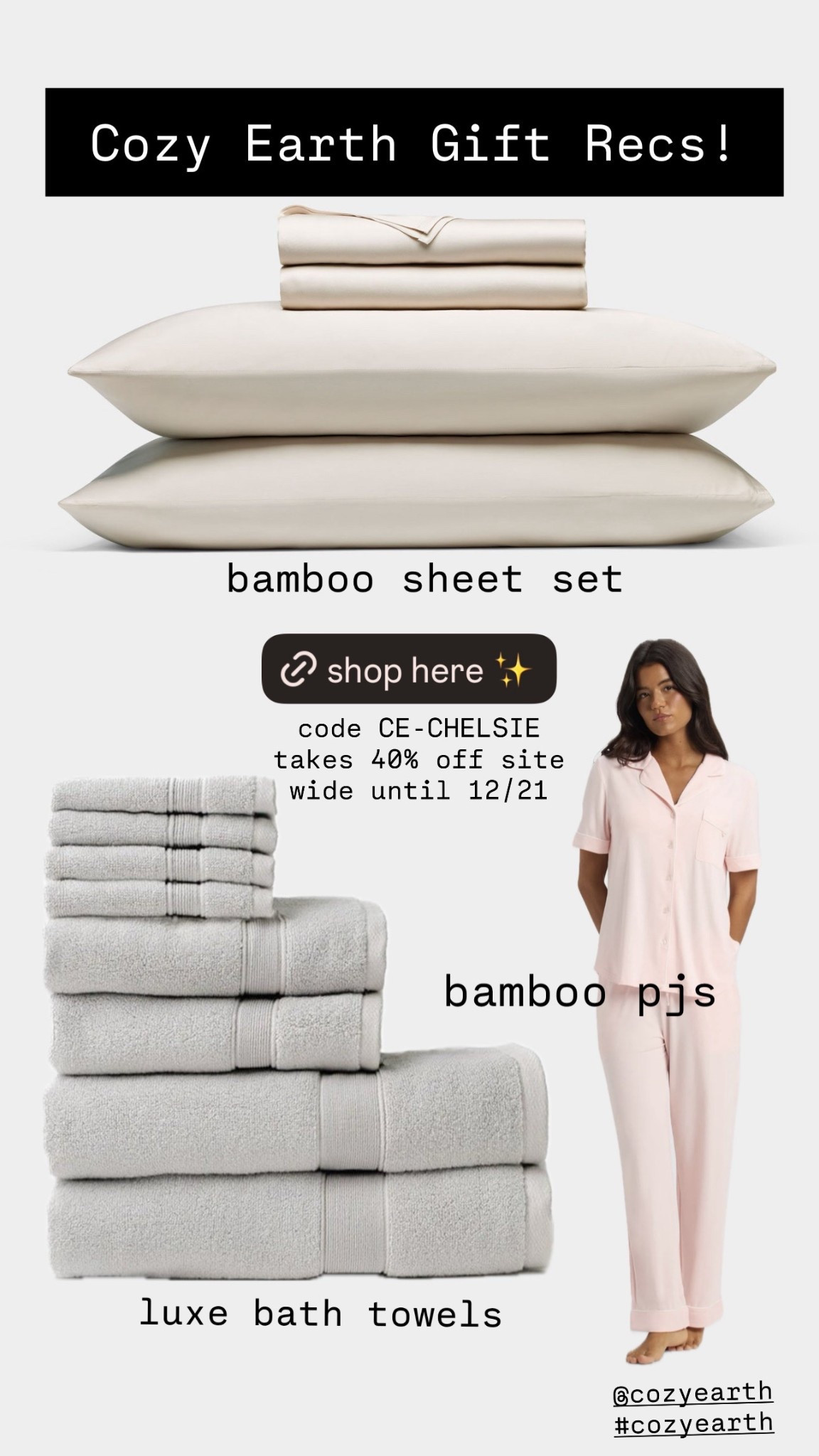 Cozy Earth extended my 40% off discount code CE-CHELSIE until December 21st! After that, it goes to 20% so this is the perfect time to get those last minute Christmas presents! These are my top 3 gift recommendations that definitely won’t miss!! 

#LTKHoliday #LTKGiftGuide #LTKHome