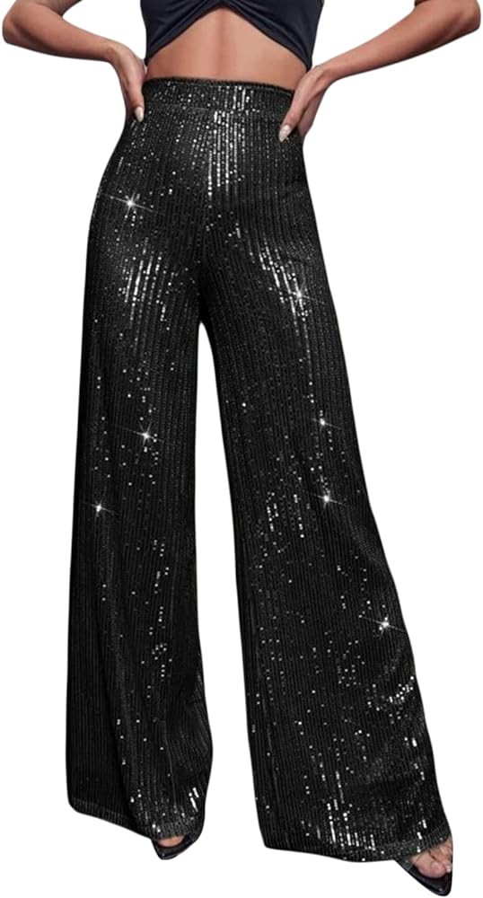 Beeuthios Women Sequin Pants Sparkly Hight Waist Wide Leg Glitter Trousers Night Out Shiny Pants ... | Amazon (US)