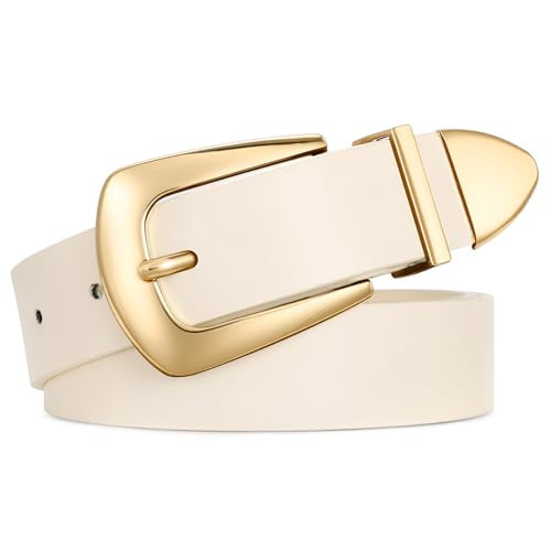 WHIPPY Women Leather Belt for Jeans Pants Dresses Fashion Ladies Western Leather Belt with Solid Gold Buckle S Beige | Amazon (US)