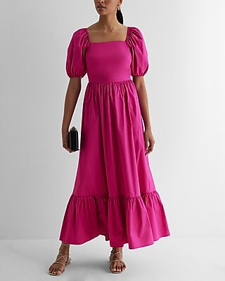 Square Neck Puff Sleeve Tiered Poplin Midi Dress | Express