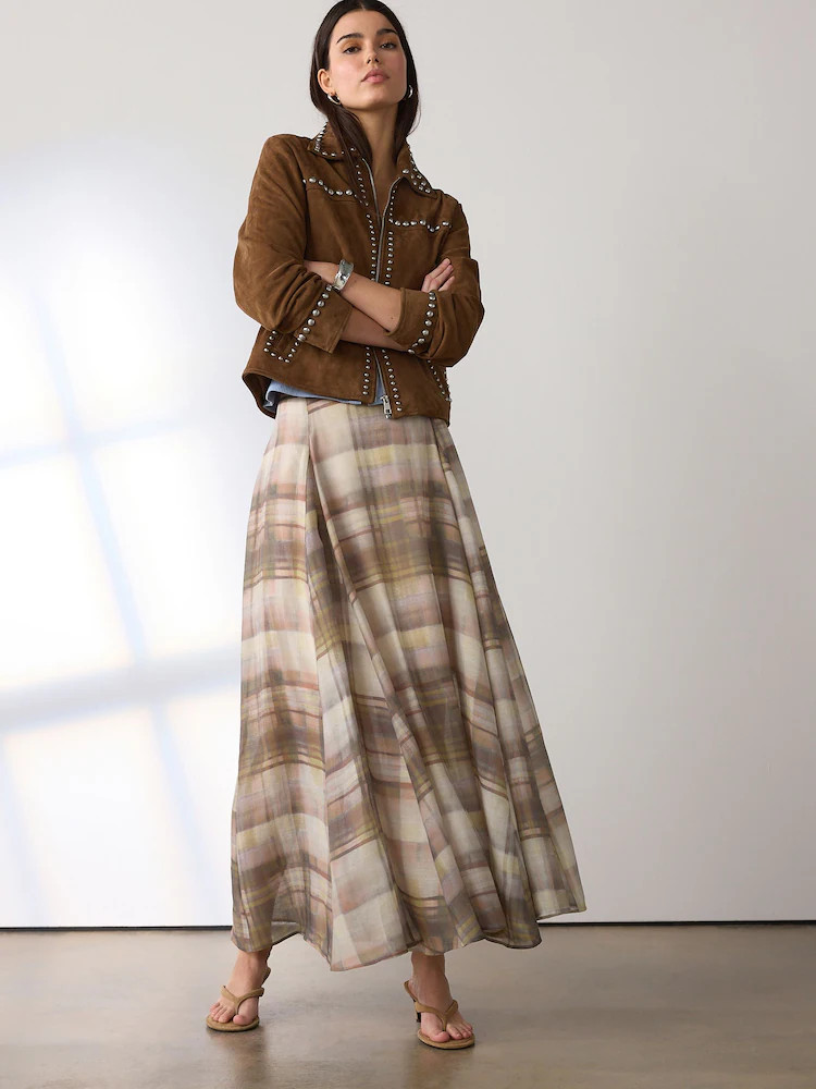Neutral/Pink Check Godet Maxi Skirt | Next AU