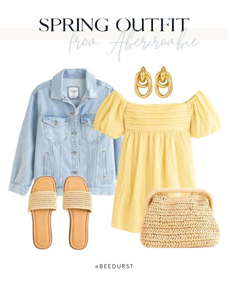 Spring outfit from Abercrombie, Abercrombie outfit, yellow dress, Easter dress, resort wear, vacation outfit, date night outfit, jean jacket, spring dress, straw slide sandals, straw shoes, straw clutch bag, straw pursee

#LTKstyletip #LTKSpringSale #LTKsalealert